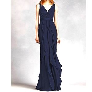 White By Vera Wang / Crepe V-Neck Ruched & Ruffled Maxi Dress (Midnight Navy)